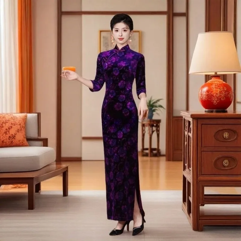 Retro temperament slanted velvet cheongsam new Chinese style simple and thin women's daily wear cheongsam skirt