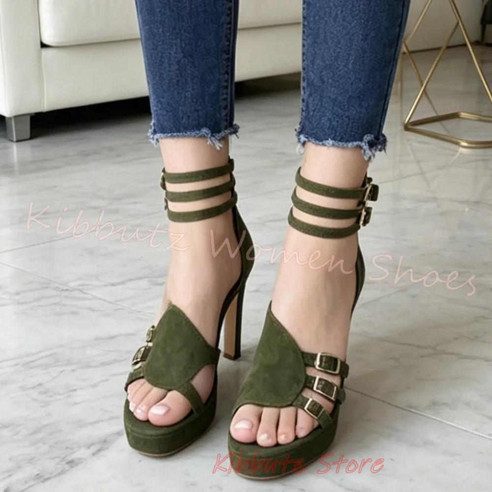 Suede Belt Buckle Sandals Platform Round Toe Thin High Heels Solid Color Fashion Elegant Concise Sexy Party Wedding Women Shoes