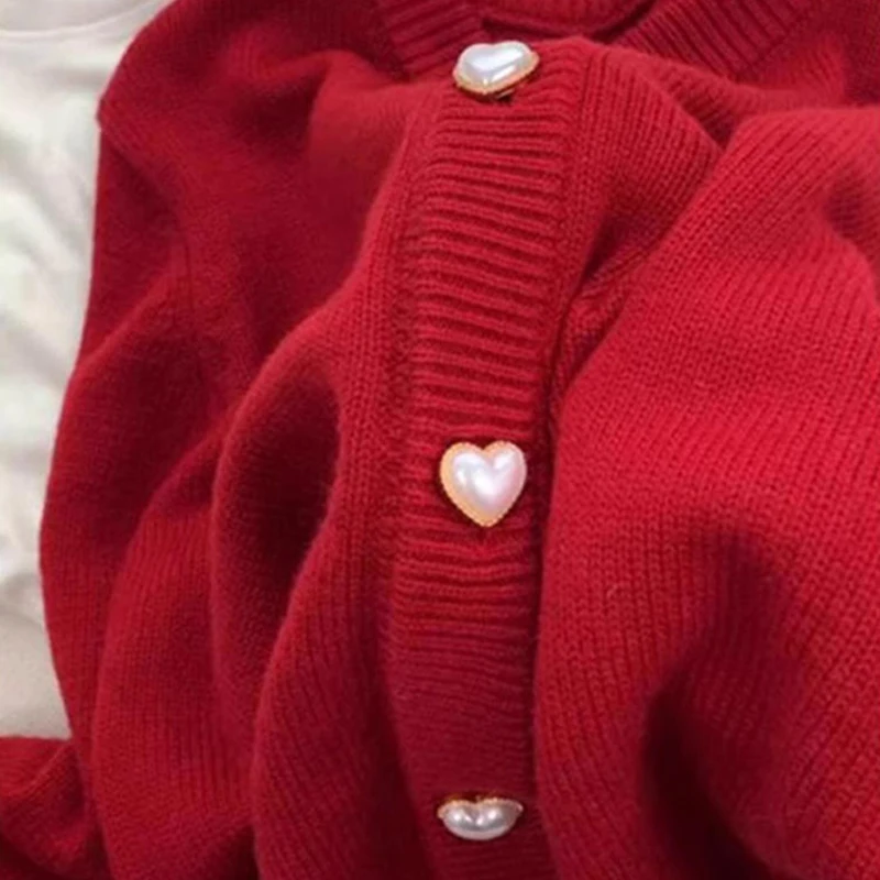 Red Heart Button Cardigans Sweater Women Autumn Winter Loose Single Breasted Coats Casual Solid Female Knitted Sweater