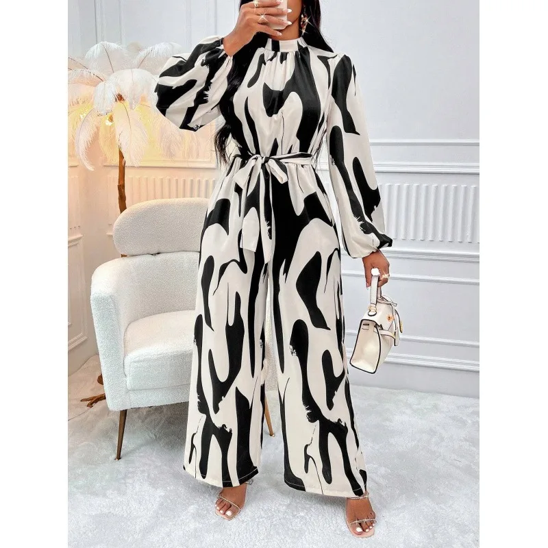 

Stylish Black White Color-block Jumpsuit Semi-high Neck Tie-waist Wide-leg Jumpsuit Long-sleeved Jumpsuit Women Vestidos Largos