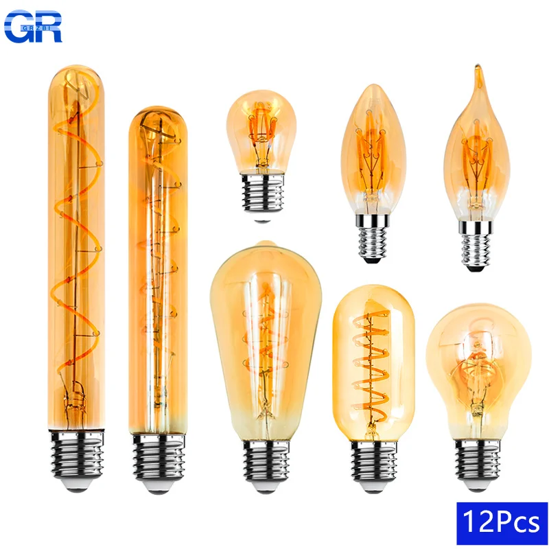 12pcs Reteo Edison Light Bulb 220V E27 E14 C35 G45 A60 ST64 T45 T225 4W Vintage Spiral Led Filament Lamp For Home Vintage Lamps