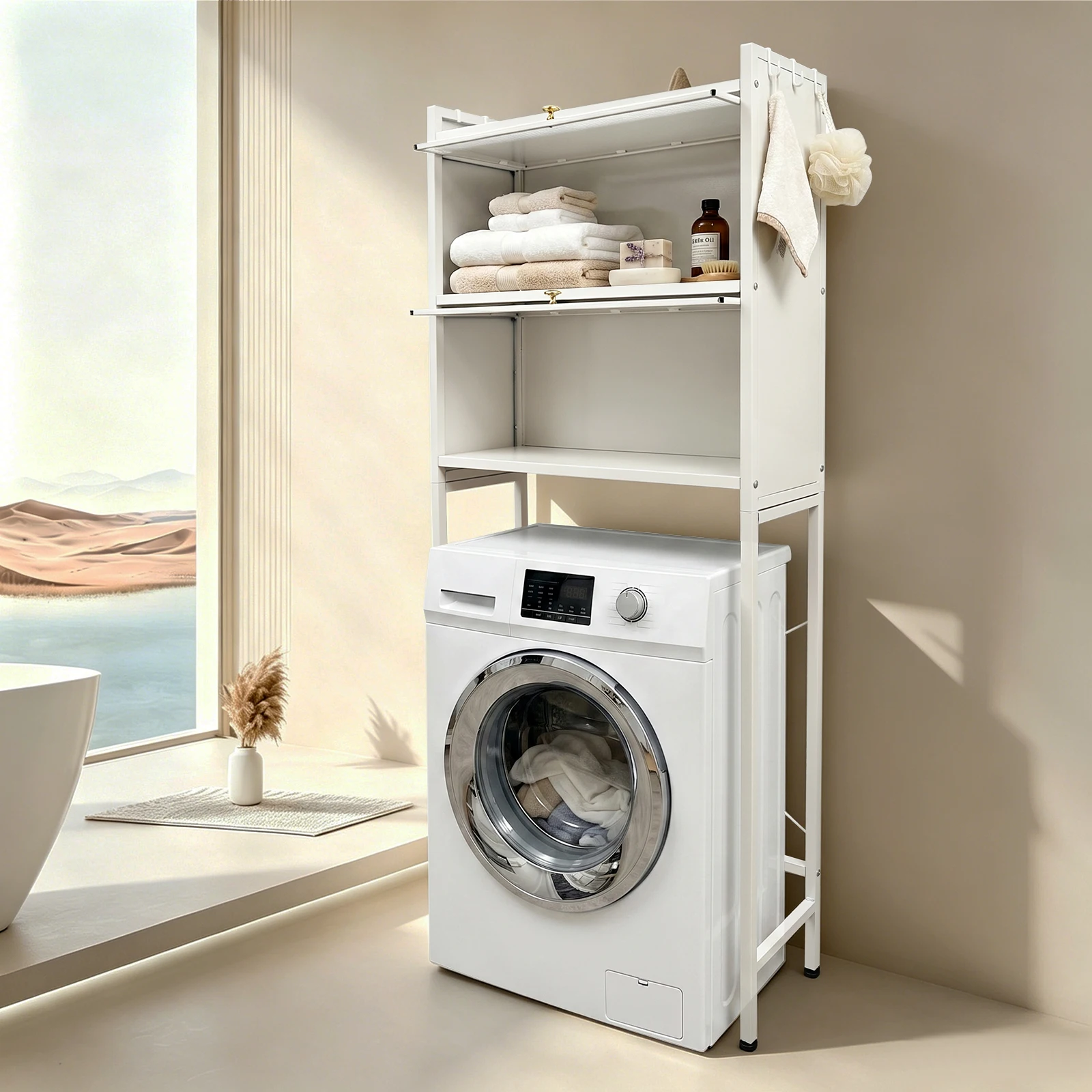 Nuevo Estante de Almacenamiento para Lavadora de Tres Niveles con 6 Ganchos, Mueble para Baño Estable que Optimiza el Espacio, Blanco