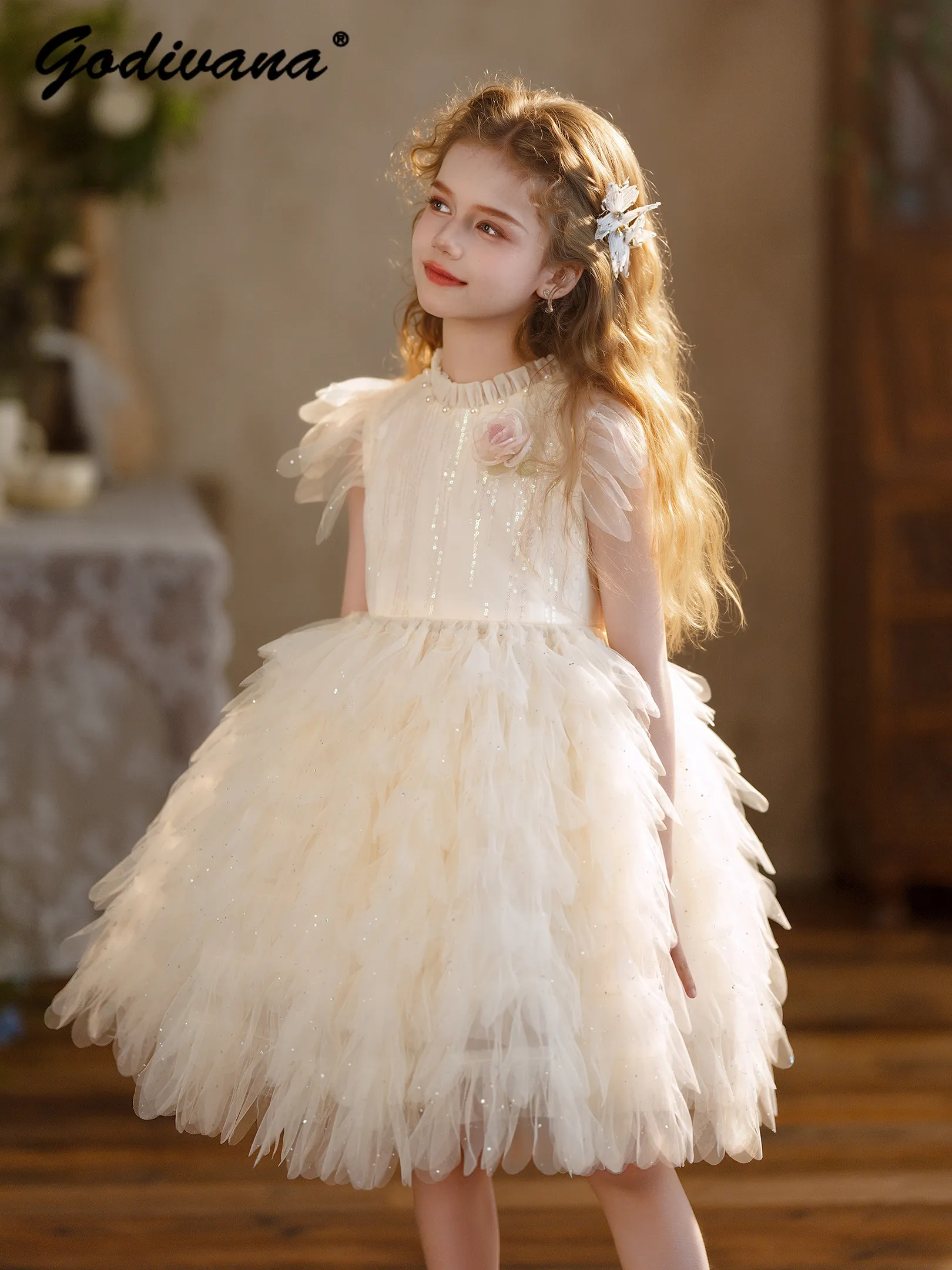 Sweet Girls High End Luxury Birthday Party Princess Cake Dress Childrens 2026 New Summer Tulle Ruffle Collar Feifei Sleeve Gown