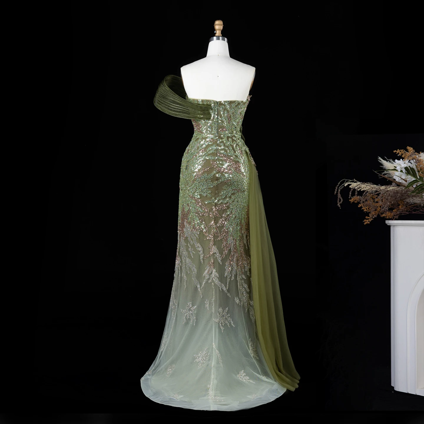 Sharon Said Luxuriöses Abendkleid in Grün mit Farbverlauf, schulterfrei, mit Perlenapplikationen, für Damen, Hochzeit, formelle Party, Modell SS293, maßgeschneidert – Detail 6