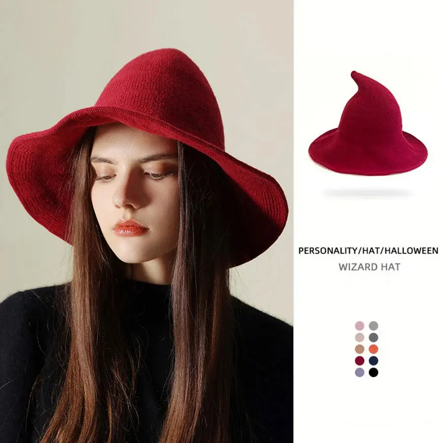 

2025 loween Knitted Witch Hat Conical Top Large Brim Sunade Cap for Women Travel Suitable Cartoon Pattern Polyester Fiber