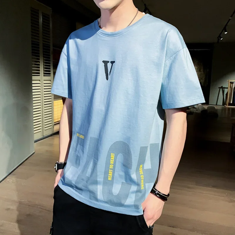 2024 Summer New Men's Short Sleeve T-shirt Loose Fit Fashionable Stylish Korean Version Ins Trendy Printed Half Sleeve Male Top