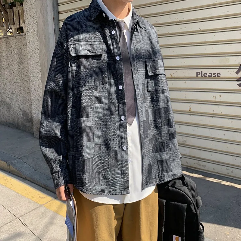 레트로 INS 데님 루즈핏 롱 슬리브 남성용 홍콩 스타일 여름 한국 버전 워크웨어 자켓 코튼 체크 패턴