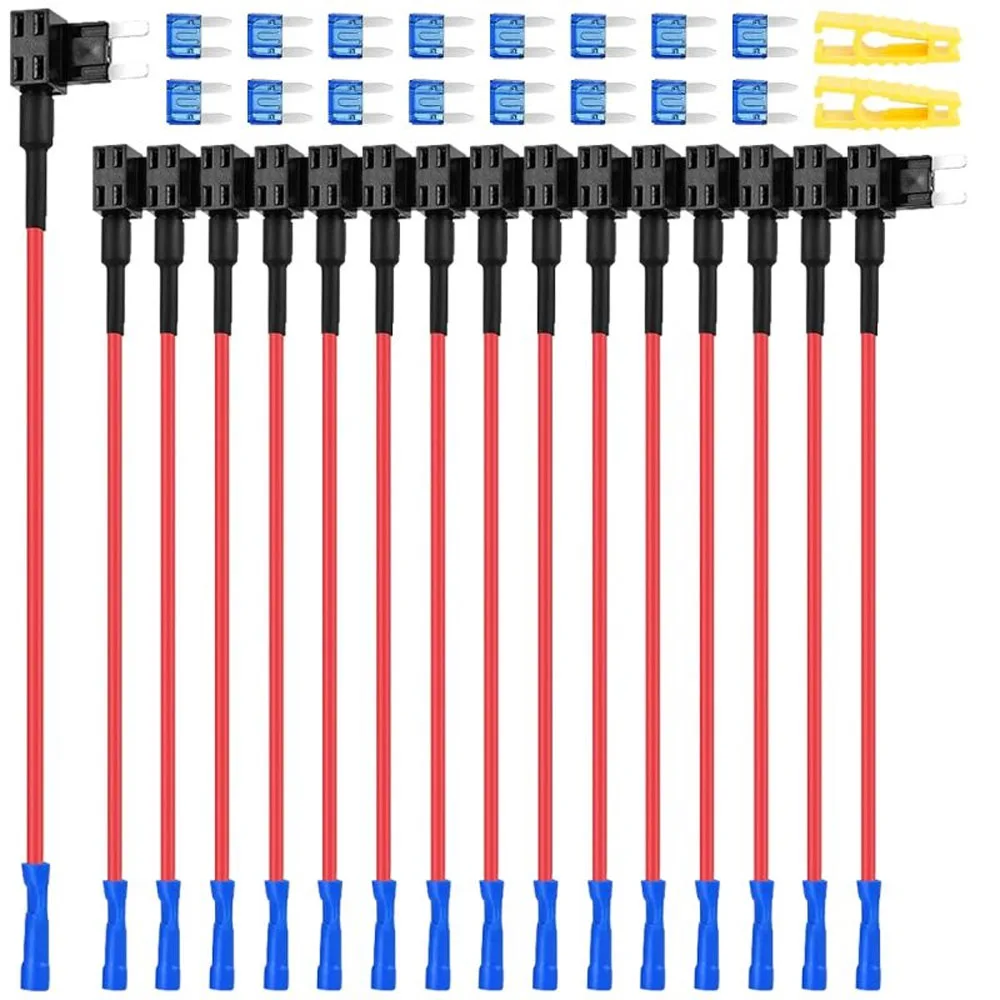 16Pcs Mini Fuse Tap, 12V Car Add-a-Circuit Adapter With 15 Amp APM ATM Blade Fuse Sets, Puller and Heat Shrink Butt Connector