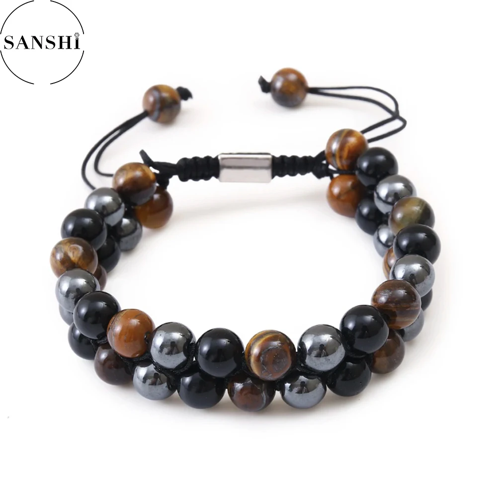 Natuurlijke Hematiet Armband Tijgeroog Steen Mode Mannen Armband Dubbele Laag Rij Armband Verstelbare Bedels Dames Yoga Sieraden