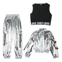 New Arrive 3PCS a set Boy girl Hip-hop Set Silver Color Jazz Dance Costume Children Performance jazz Clothes Dance Costume