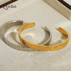 Liora Stainless Steel Charm Cuff Bracelets For Women Irregular Hammer Pattern Statement Bracelet Female Waterproof Jewelry