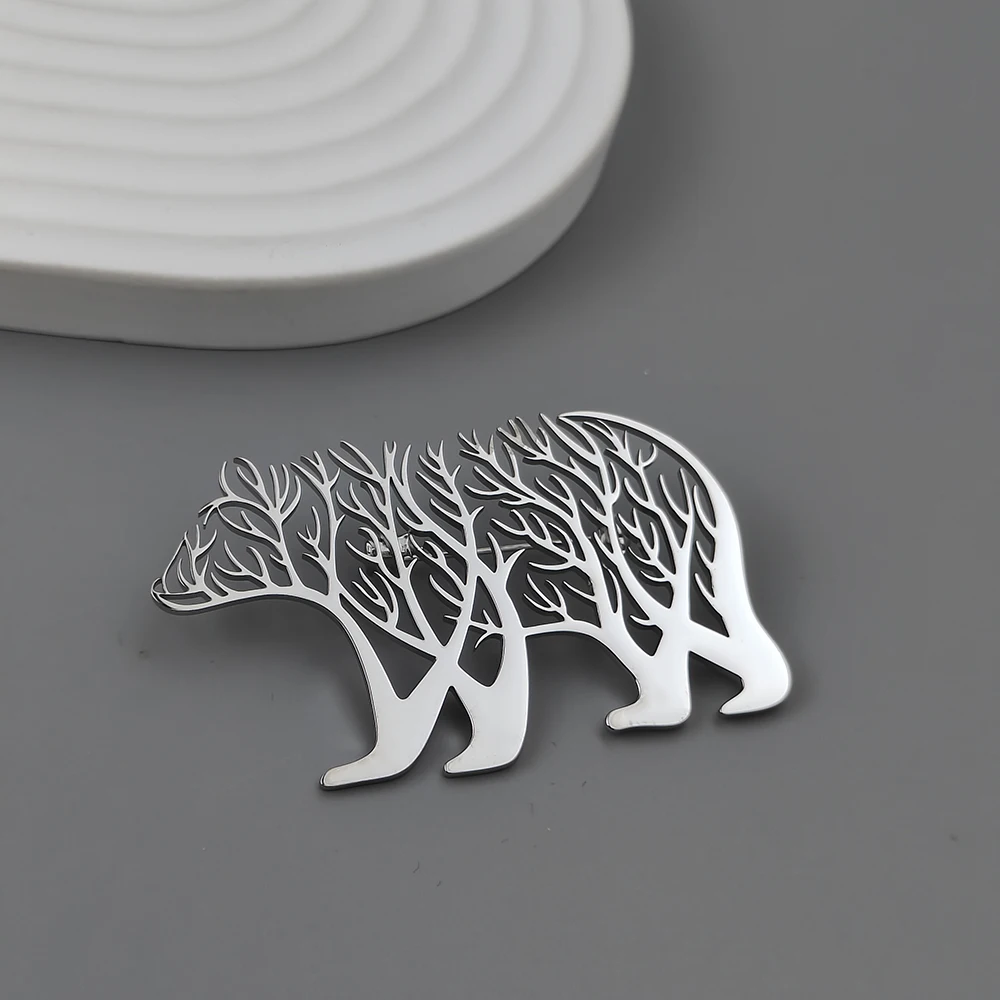 Bear Pattern Brooch for Mens Luxury Stainless Steel Hollow Animal Lapel Pin Clothing Accessories Christmas Party Gifts