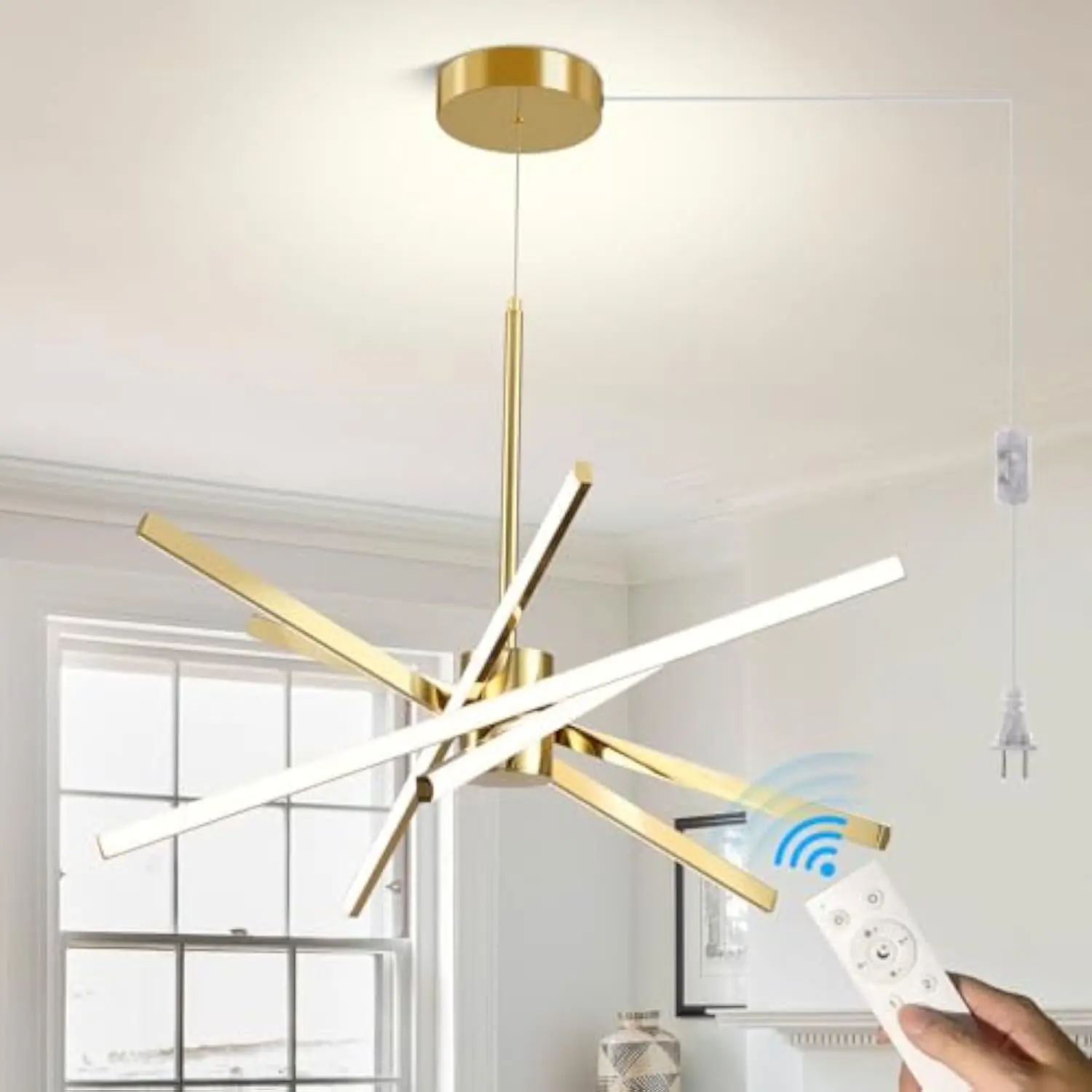 

Led Plug in Chandelier, Dimmable Modern Sputnik Chandelier with Long Cord Gold, Plug in Pendant Light Fixture with Remote Flus