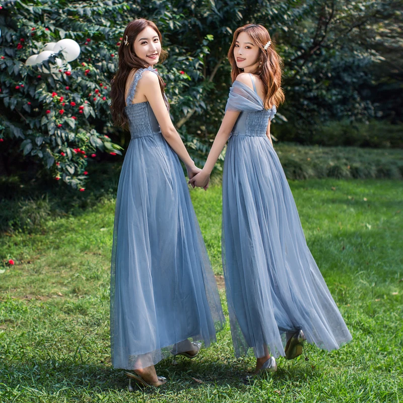 Sweet Memory Cheap Bridesmaid Dress Champagne Pink Gray Blue Mesh Netting Tulle Communion Vestido Women Wedding Guest Dresses