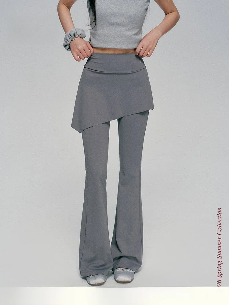 

High Waist Flared Yoga Pants Liilou Clean Girl Asymmetrical Patchwork Skirt Fake Two-Piece High Elasticity Casual Trousers