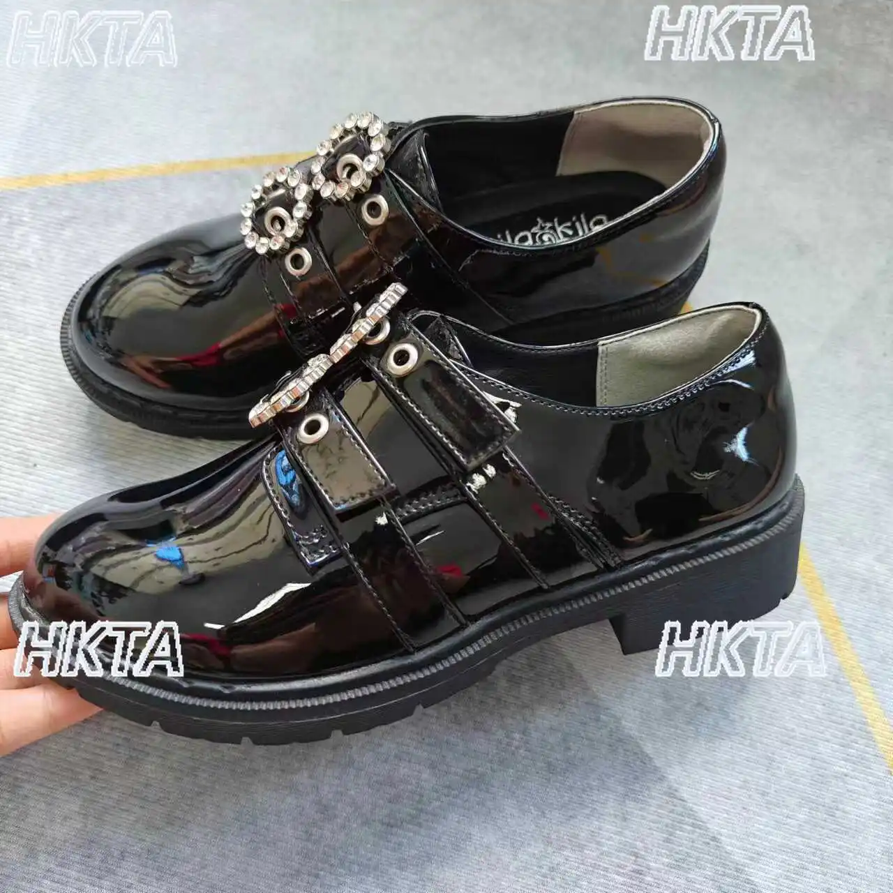 

Japanese Heel Pumps College Style Low Heel Lolita JK Uniform Shoes Round Rhinestone Buckle Pu Black Small Leather Shoes Women