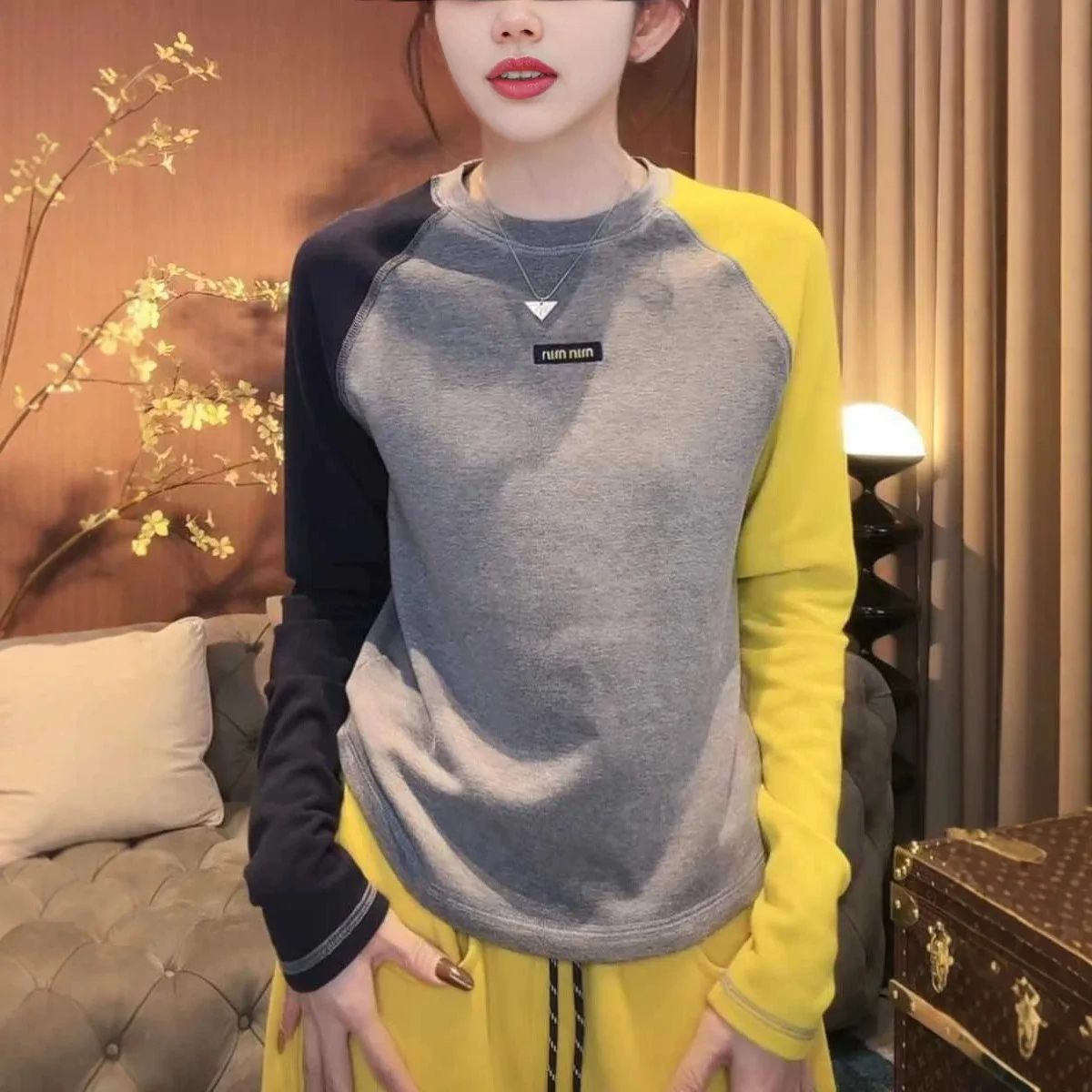 Plus-size Women's Spring And Autumn New Casual Loose Slimming Color-blocking Long-sleeve T-shirt For Inner And Outer Wear