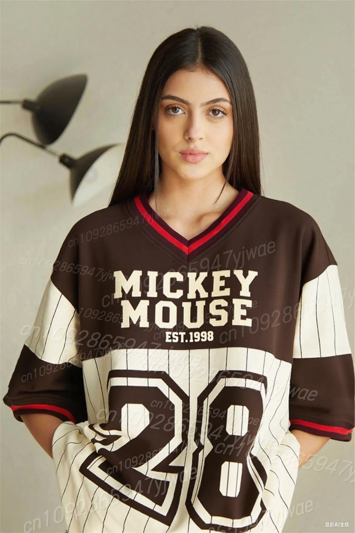 ديزني ميكي المتضخم البيسبول جيرسي تي شيرت ثلاثية الأبعاد الجرافيك تي شيرت موضة تنوعا رياضية المرأة الخامس الرقبة مخطط #3