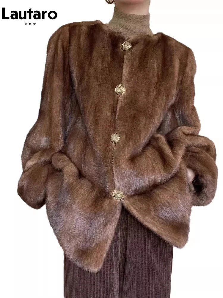 Lautaro Autumn Winter Elegant Thick Warm Soft Fluffy Brown Faux Mink Fur Coat Women Single Breasted Luxury Designer Outerwear