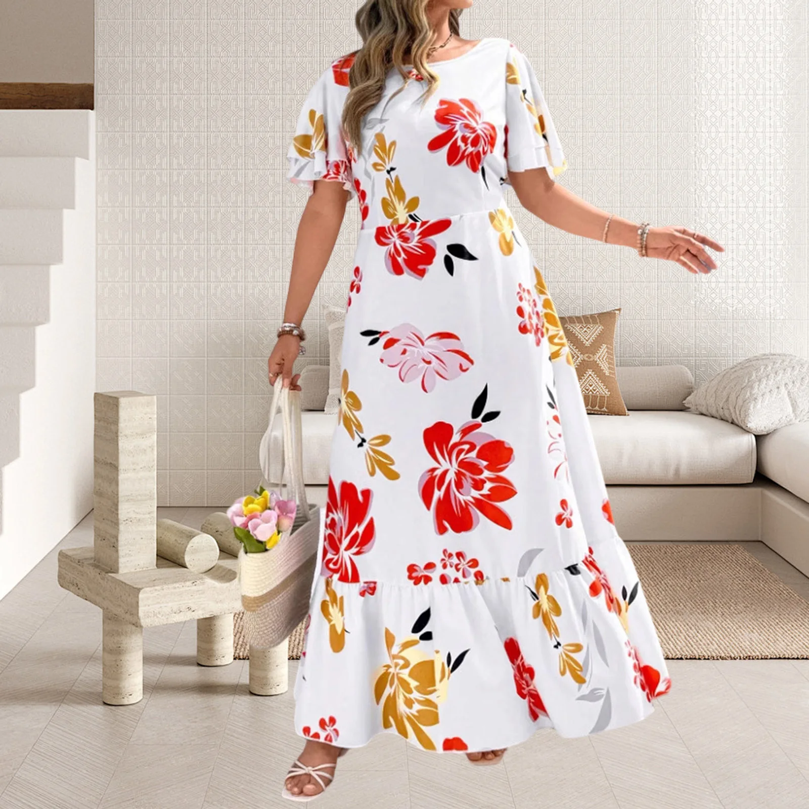 Women's Floral Plus Size Dress Summer Female Loose Round Neck Short Ruffle Sleeve A-line Long Tiered Dress Casual Clothes XXXXL
