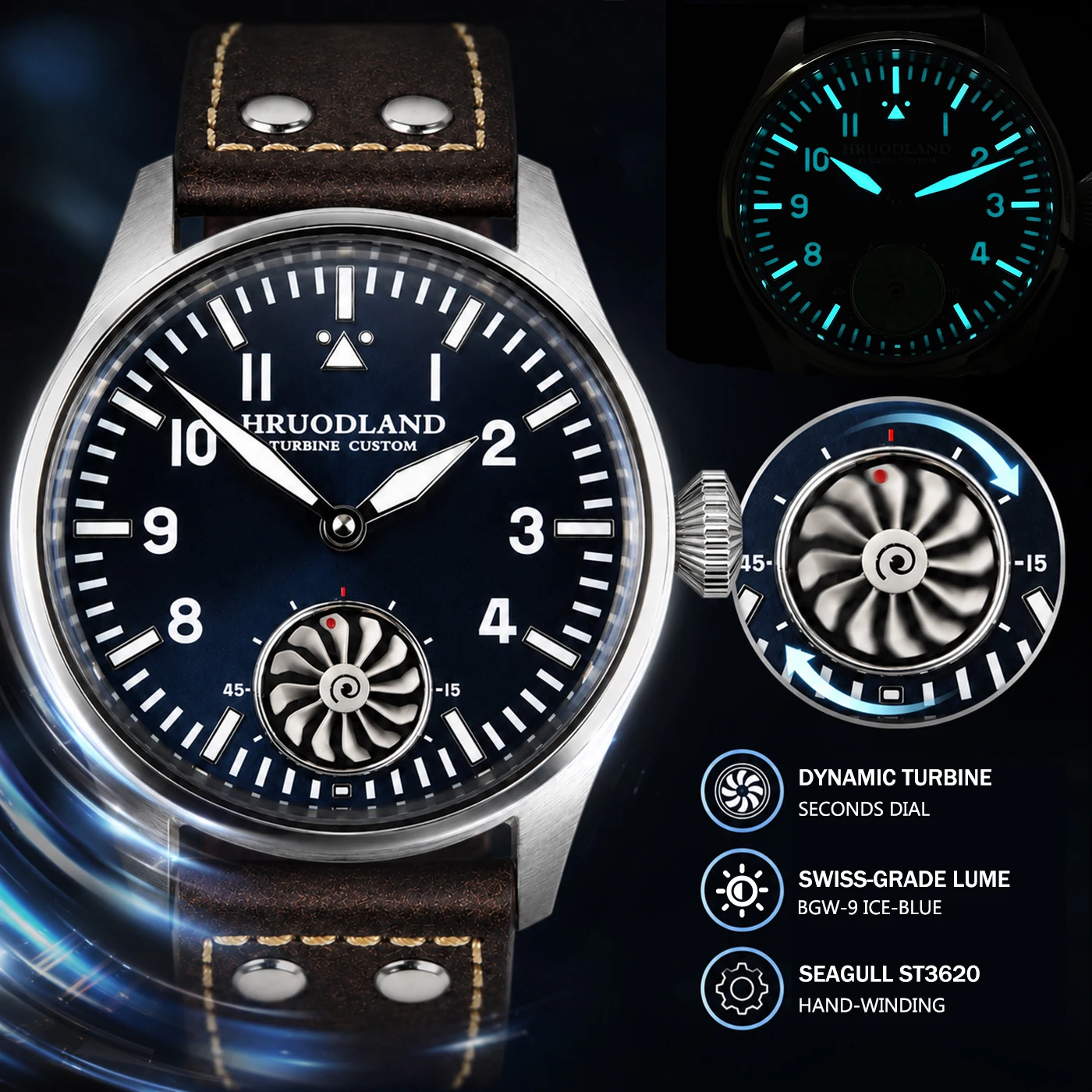 HRUODLAND Big Pilots Uhren für Herren, Turbinen-Sekundenanzeige, Saphirglas, BGW9 Lume, Vintage Mechanische Uhr für Männer, Hochwertige Fliegeruhr