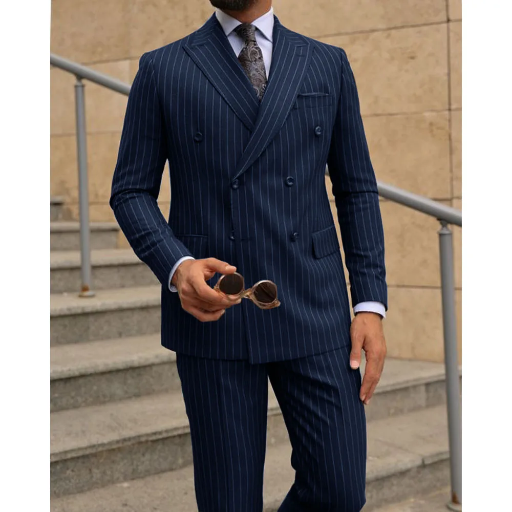 Conjunto de duas peças de terno listrado masculino, vestido trespassado duplo, roupa de cavalheiro, roupa de casamento formal, trajes masculinos
