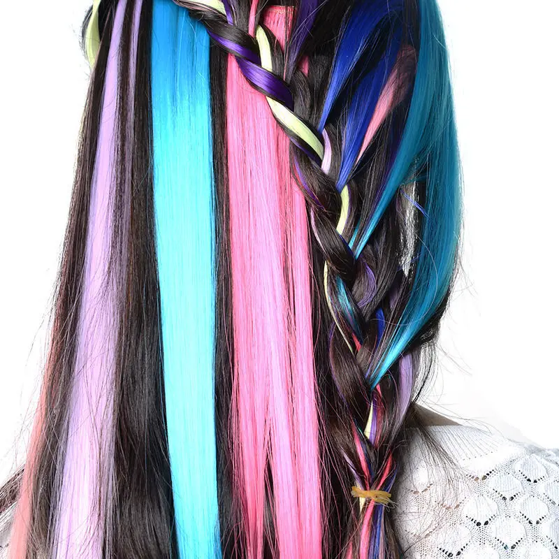 Extensiones de Cabello sintético para fiesta, pelo liso con Clip colorido, 13 piezas, 55cm, arcoíris