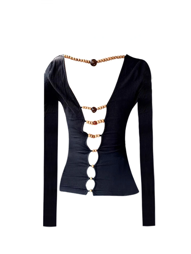 New Chinese Style Wood Beads Backless T-shirts 2025 Summer  Black Tops Women Y2k Grunge Slim Fit Long Sleeve Tee Shirt