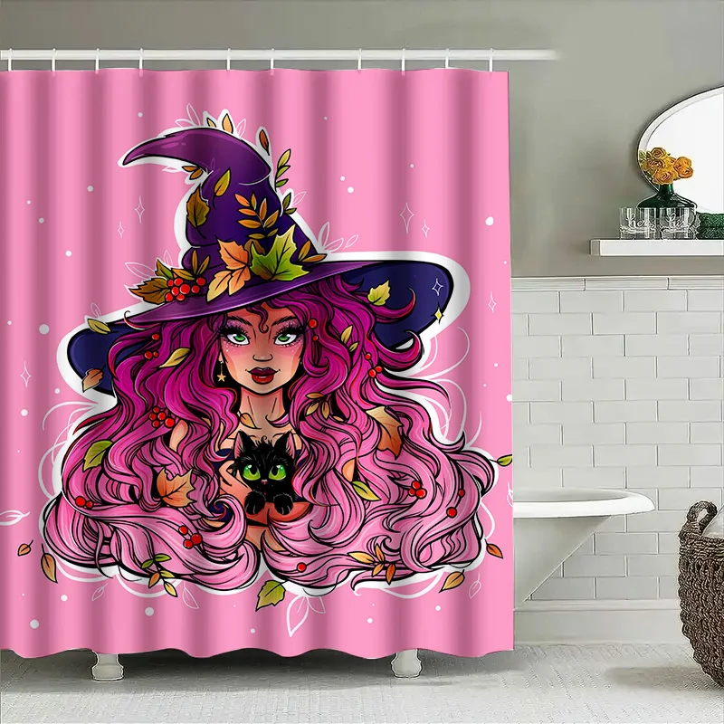 

Tuniu милая ведьма девушка занавеска для душа Хэллоуин Декор розовая цветочная ведьма эстетический уникальный художественный декор для ванной комнаты
