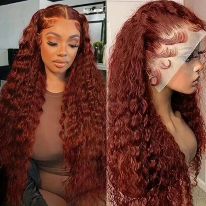 36Inch 13x6 Transparent Lace Front Wigs Reddish Brown Kinky Curly Human Hair Wig 13x4 HD Deep Wave Lace Frontal Wigs Copper Red