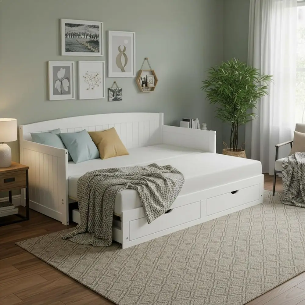 

Alaurniture Harmony Twin to King Daybed with Up Trundle Bed - Solid Wood Twin Day Bed with 2 Pull-Out Storage Ders and 400lb aci