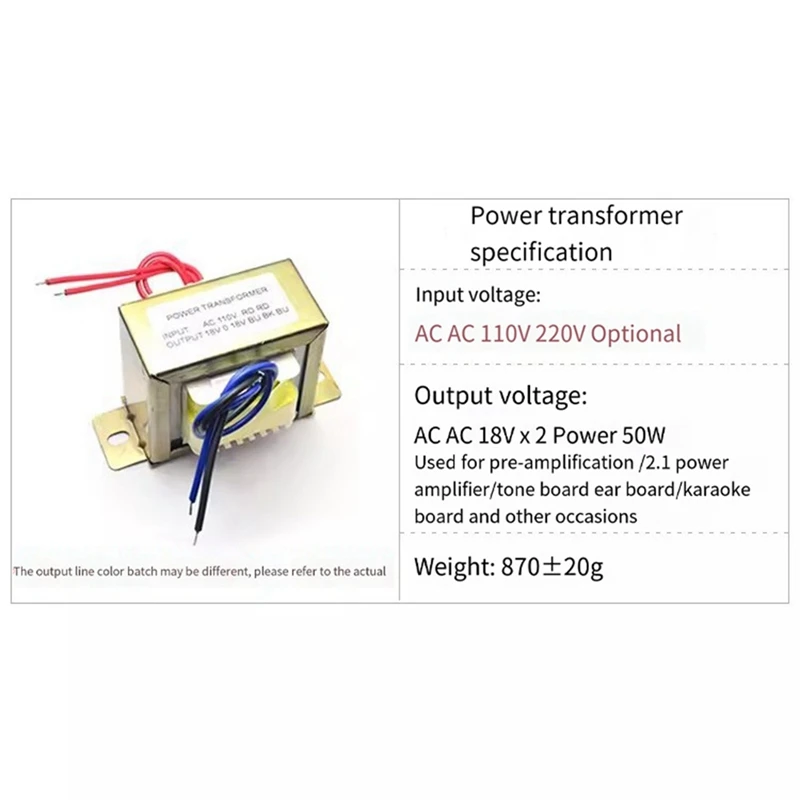 Transformador de potência duplo AC 18V 50W EI, opcional para pré-amplificador 2.1, amplificador, placa de tom A