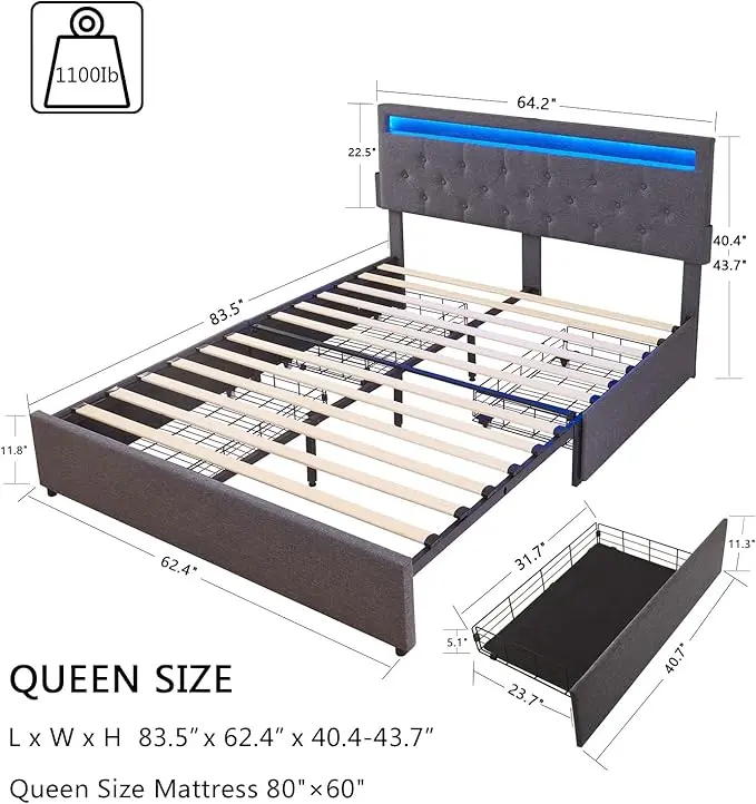 Queen Bed Frame with Drawers, LED Bed Frame Queen with 2 USB Charging Station, Upholstered Platform Bed with Storage  LED Lights