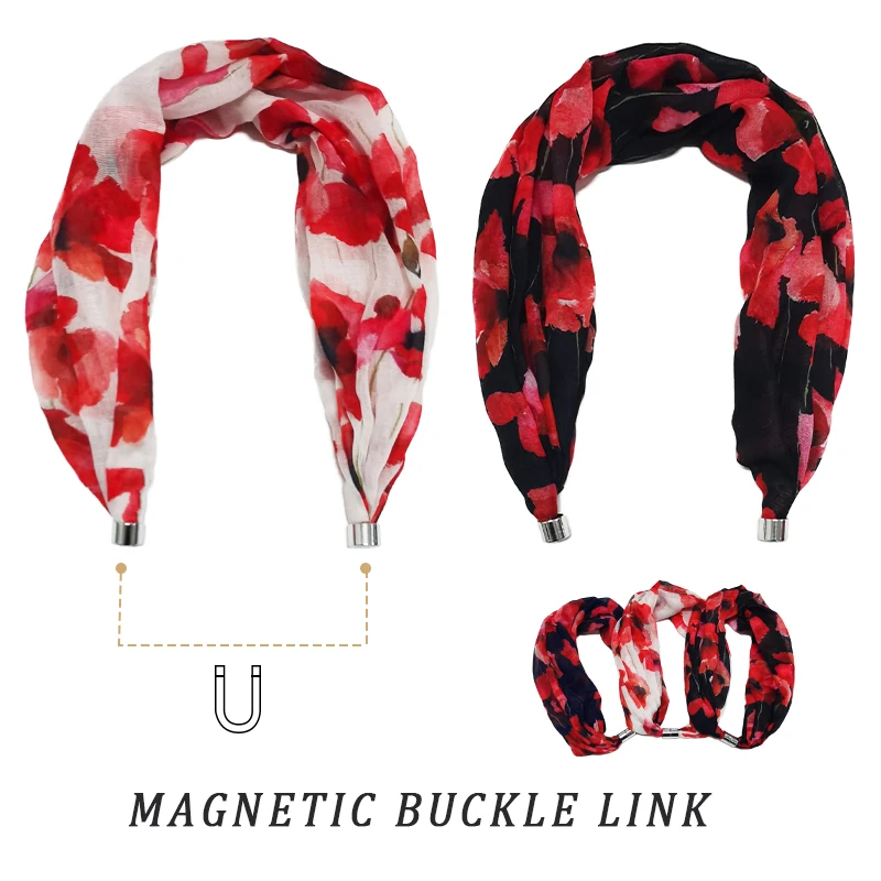 

Flower Print Scarf For Women Premium Magnetic Buckle Neckerchief Fashion Clavicle Choker Scarves Girl Trend Accessories