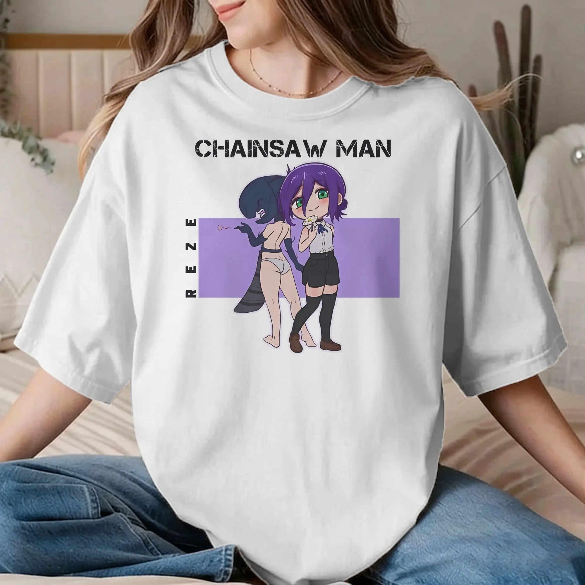 Camisetas Masculinas e Femininas Chainsawman Reze Devil, 100% Algodão, Camisetas de Manga Curta, Gola Redonda, Roupas Plus Size