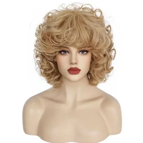 Short Blonde Brown Curly Wavy Synthetic Sandy Grease Cosplay Women\'s Wig for Halloween Christmas School Thanksgiving Day