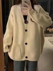 New Gray Cardigan Women's Loose Sweater Soft Waxy Casual Lazy Style Senior Sense V-neck Sweater Coat 2024 Autumn Winter Sweater