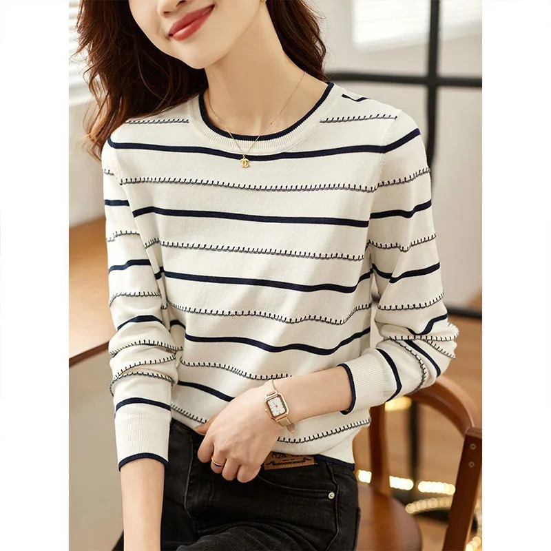 Women Clothing Korean Version Striped Long Sleeve Knit Sweaters Autumn Fashion O-neck All-match Pullovers Office Lady Casual Top