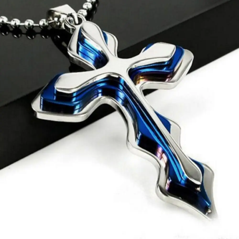 Hip-Hop Men's Necklace Blue Wave Multi-Layer Cross Pendant Simple Versatile Personality Sweater Chain High-Level Creative Gift