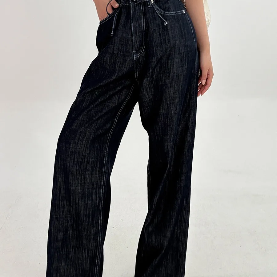 

High Waist Loose Fit Thin Denim Pants Korean Style Summer Casual Ladies Long Trousers Comfortable Cotton High Waist Jeans
