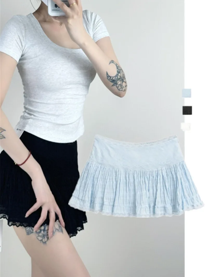 

Ballet Girl Sle Lace Trim Puffy Skirt Pleated Sexy Heightening Slimming Cake f Skirt Sweet Street Sle ort Pure Color