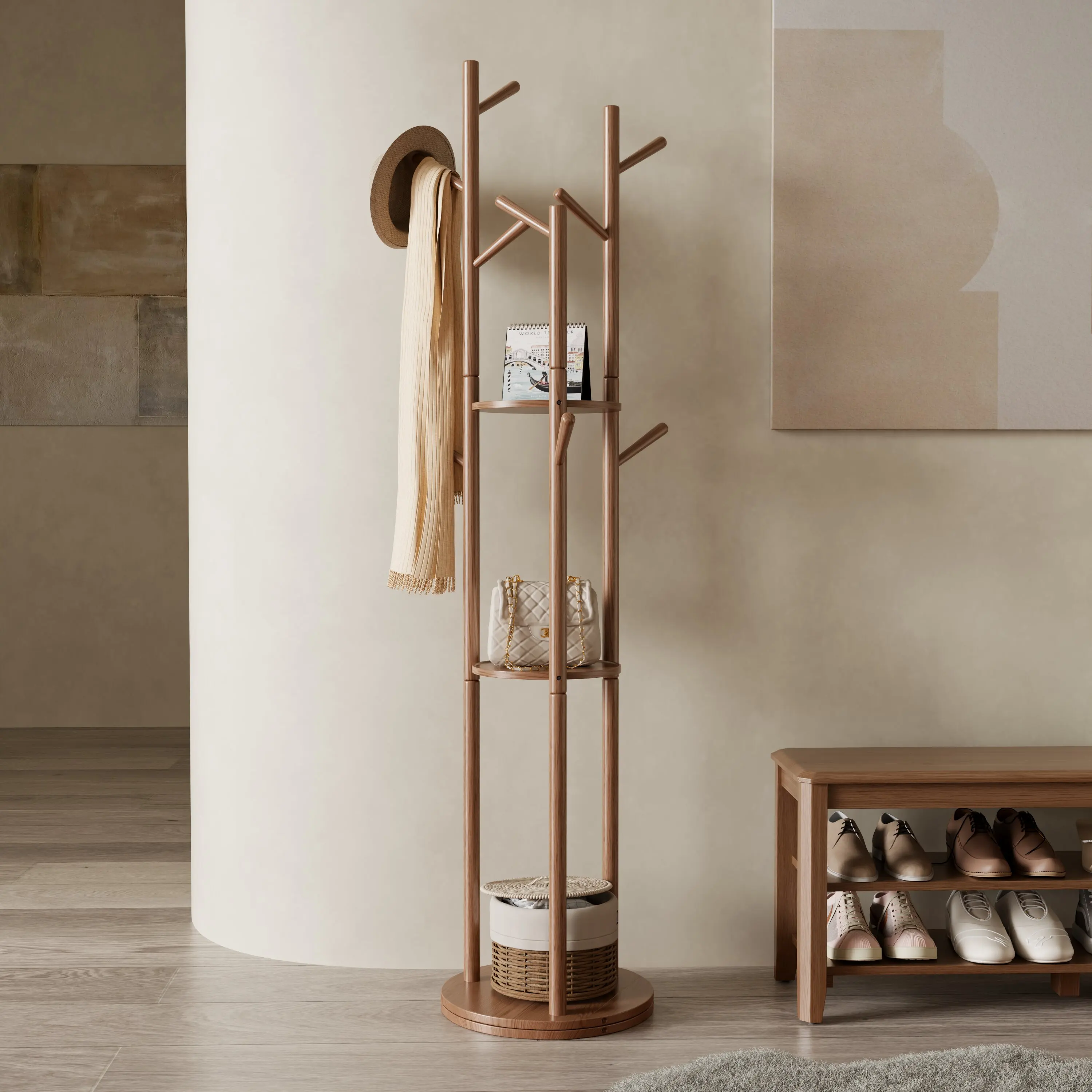 #US Stock Rubberwood Solid Wood Rotary Freestanding Coat Rack With 3 Shelves 9 Hooks For Bedroom Entryway Living Room