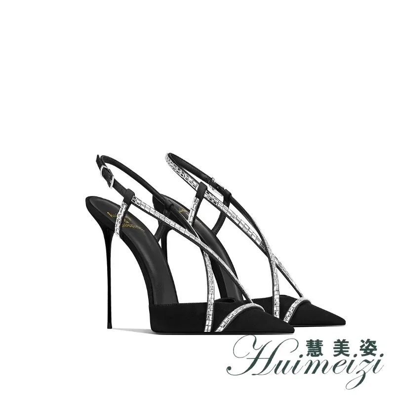 HMZ Black Suede Pointed Toe Stiletto Heels with Rhinestones 2027 Summer New Women Dress Shoes