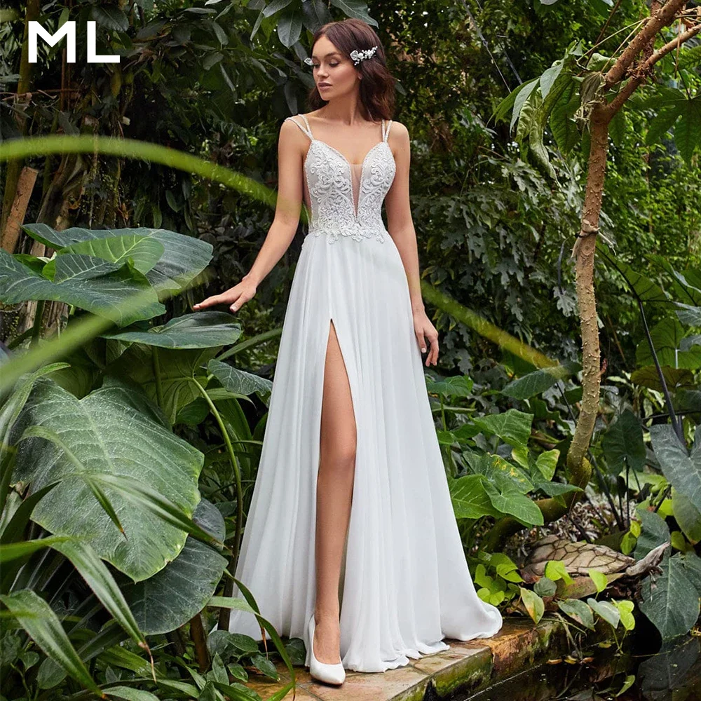 

ML Simple Chiffon Beach Wedding Gown Customized Spaghetti Straps High Split Bride Dress Vestido de Novia 2026 Bride Party Gown