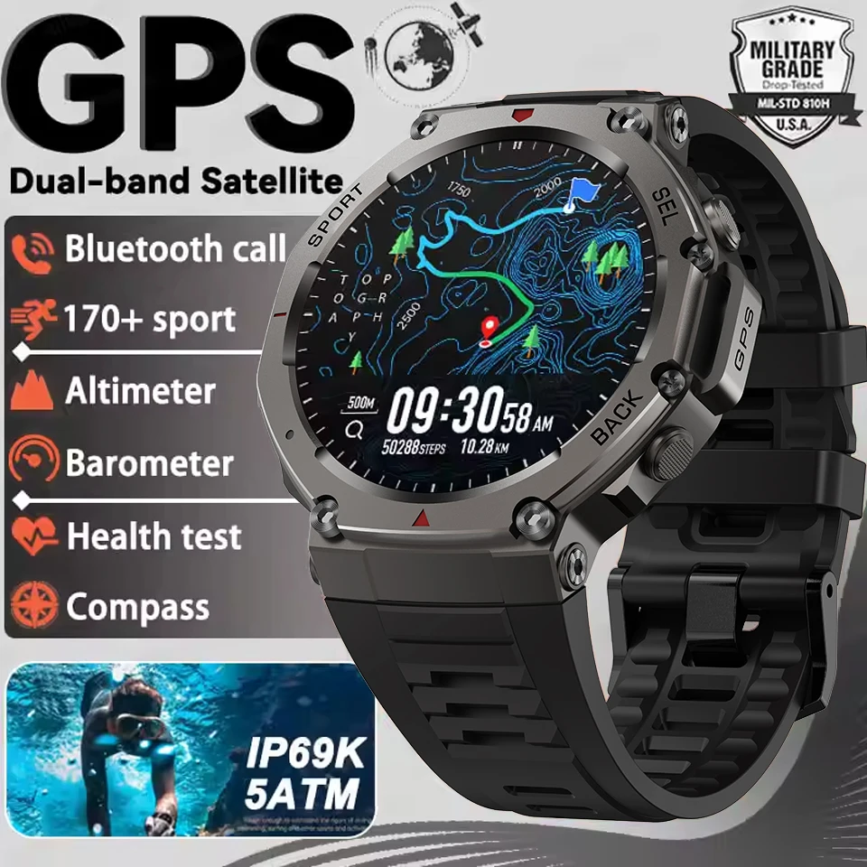 

2025 NEW Outdoor GPS Smart Watch Men 1.43" AMOLED HD Screen Health Bluetooth Call Compass Altimeter 5ATM Waterproof Smartwatches