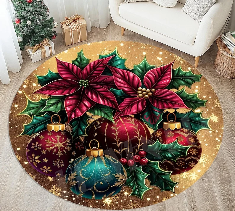 Round Rug, Poinsettia and Holly Berry Design with Gold Accents, Holiday Floor Mat for Living Room