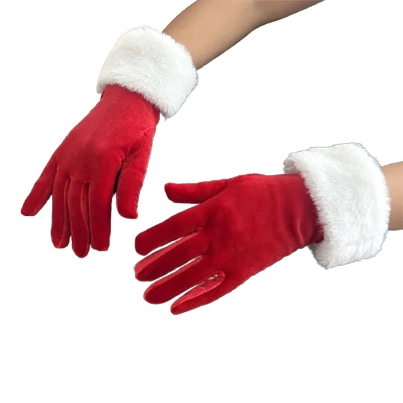 Women Christmas Velvet Gloves Short Furry Trim Santa Gloves for Party Festive Stage