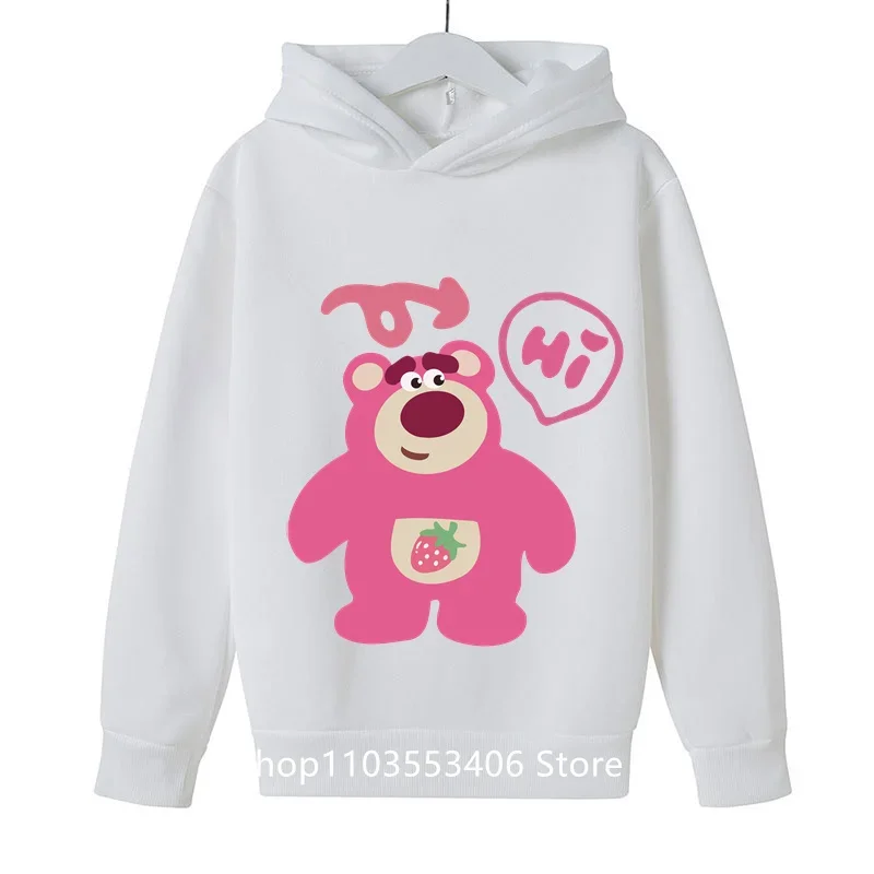 Capuz infantil com estampa de urso morango, capuz casual de algodão para meninos e meninas, moda ao ar livre, primavera e outono, 2024