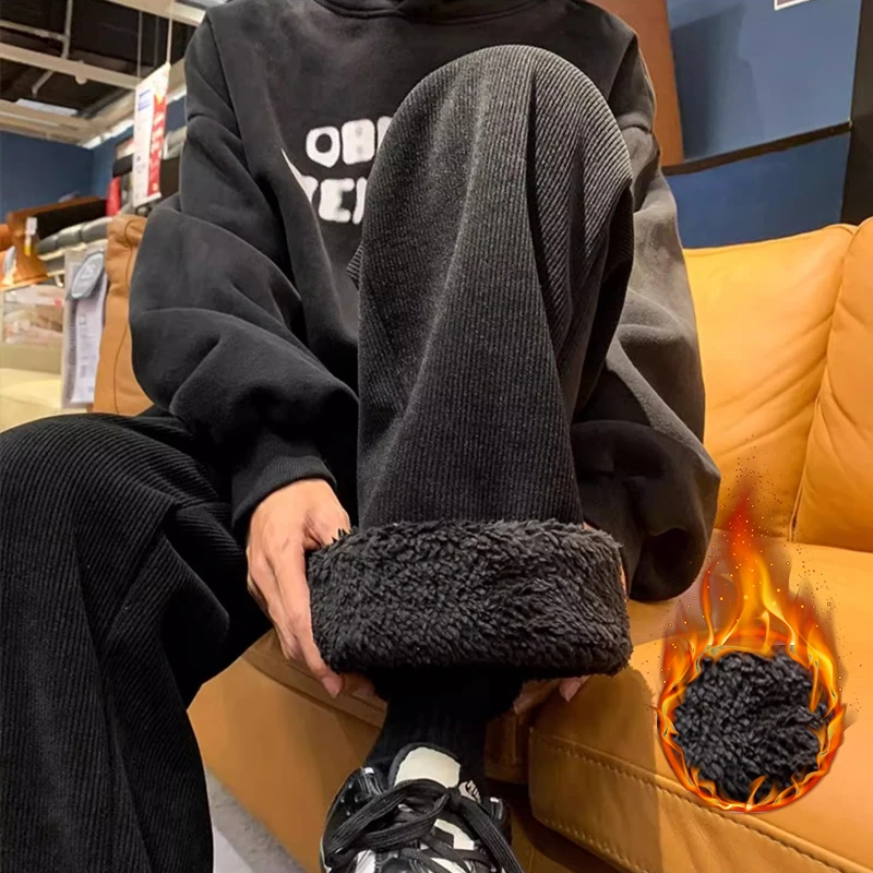 

Зимние теплые мужские брюки из флиса с начесом, свободного кроя, в корейском стиле, с вельветовой подкладкой, широкие прямые штаны, флокированные, утепленные