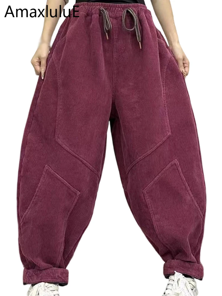 Amax LuluE Design Winter Ladies Fashion Thicken Corduroy Fur Pants Ladies Loose Vintage Warm Casual Elastic Waist Harem Trousers